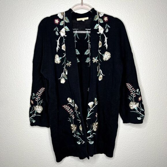 Maje Mirodi Black Floral Embroidered Open Front Knit Cardigan Size 1 / Small - Picture 2 of 8